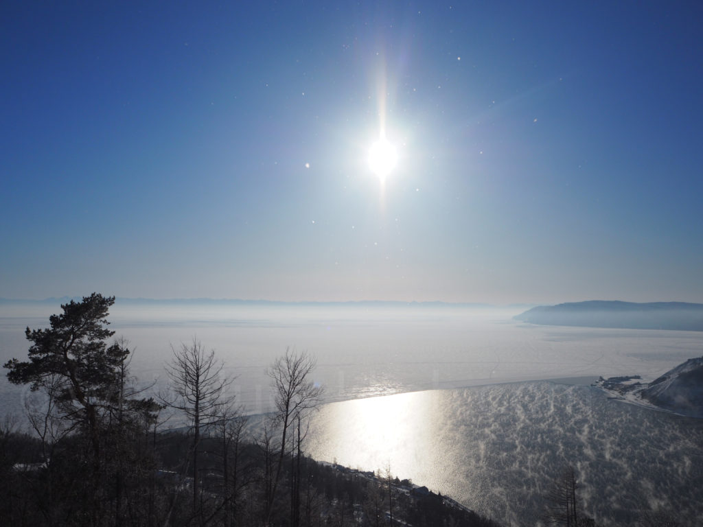 Listwjanka Baikalsee Port Baikal Angara Aussicht Winter Schnee