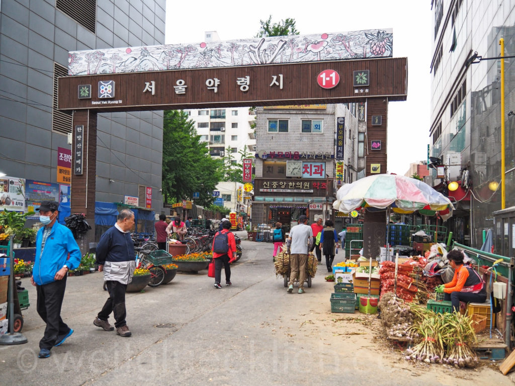 Weltreise 2020 Suedkorea Seoul Yangjegeongang Medizinmarkt Gyeongdong Market Entrance